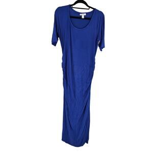 Motherhood Maternity Womens Sz L Maxi Dress Solid Blue Short Sleeve Knit